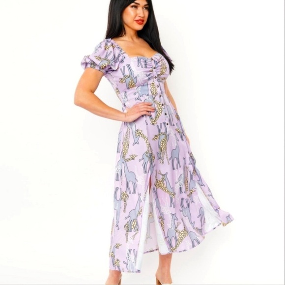 NWT Unique Vintage Purple & Giraffe Print Midi Dress Sz L - Picture 1 of 9